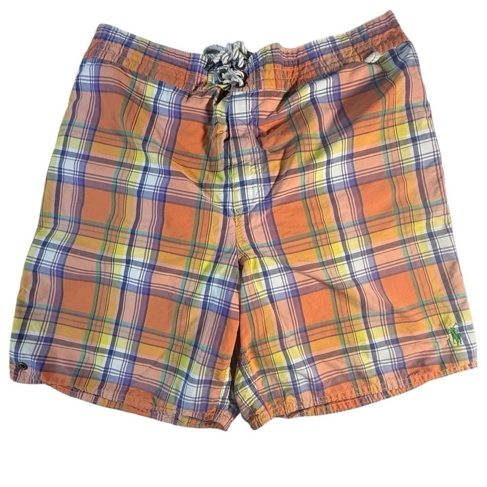 Polo Ralph Lauren Madras Plaid Orange Multicolor Swim Trunks Shorts XL Preppy